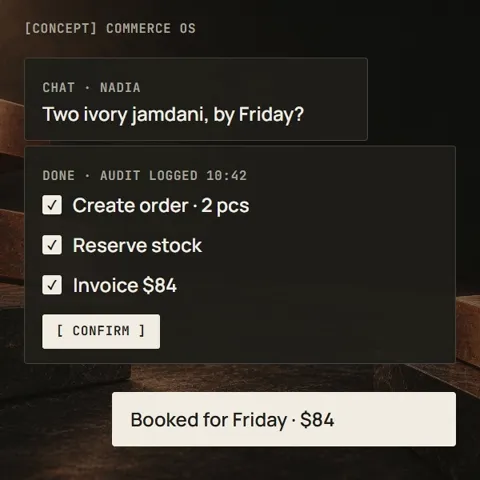 Concept: Commerce OS turning a chat message into confirmed, audited actions
